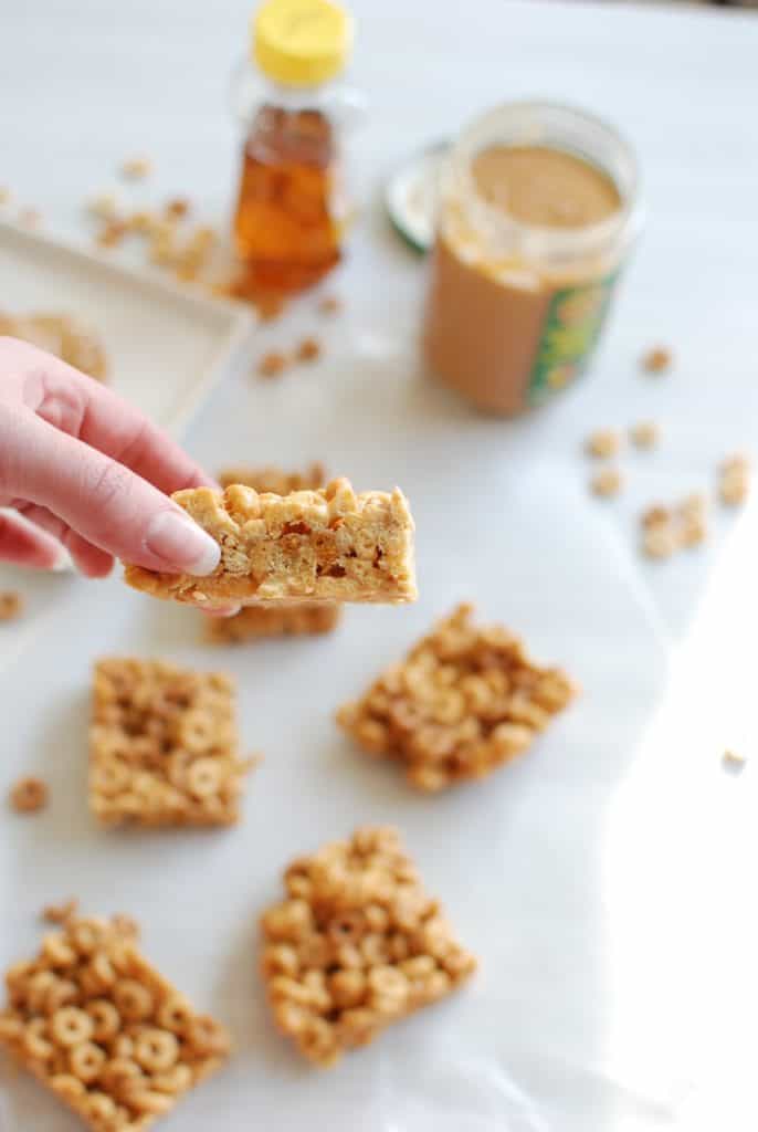 Peanut Butter Honey Cheerio Bars - Snacking in Sneakers