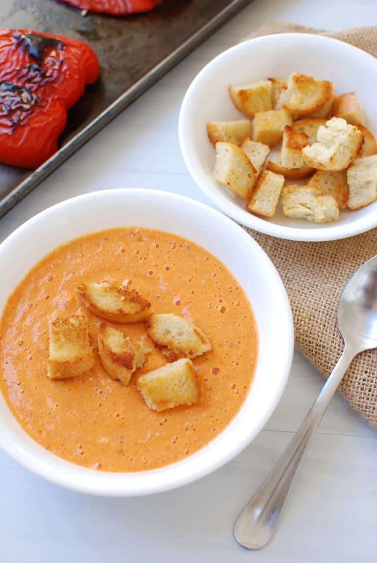 Smoky Roasted Red Pepper and Gouda Soup - Snacking in Sneakers