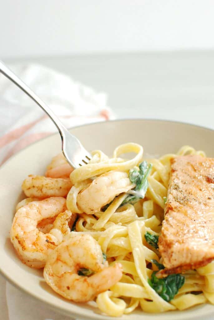 Shrimp and Salmon Pasta - Snacking in Sneakers