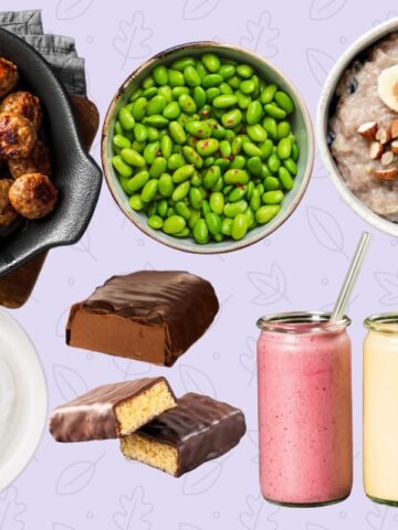 A collage of several high protein snacks including chicken meatballs, smoothies, protein bars, edamame, greek yogurt, and high protein oatmeal.